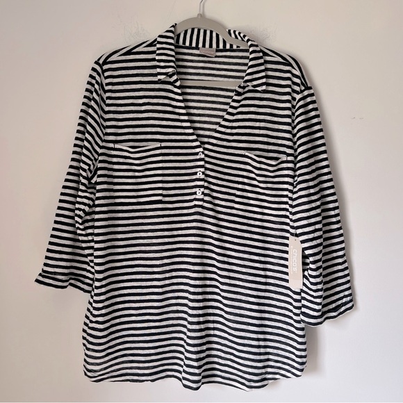Chico's NEW Linen Navy White Striped Henley Utility Tee Classic Coastal Nautical - Picture 1 of 13